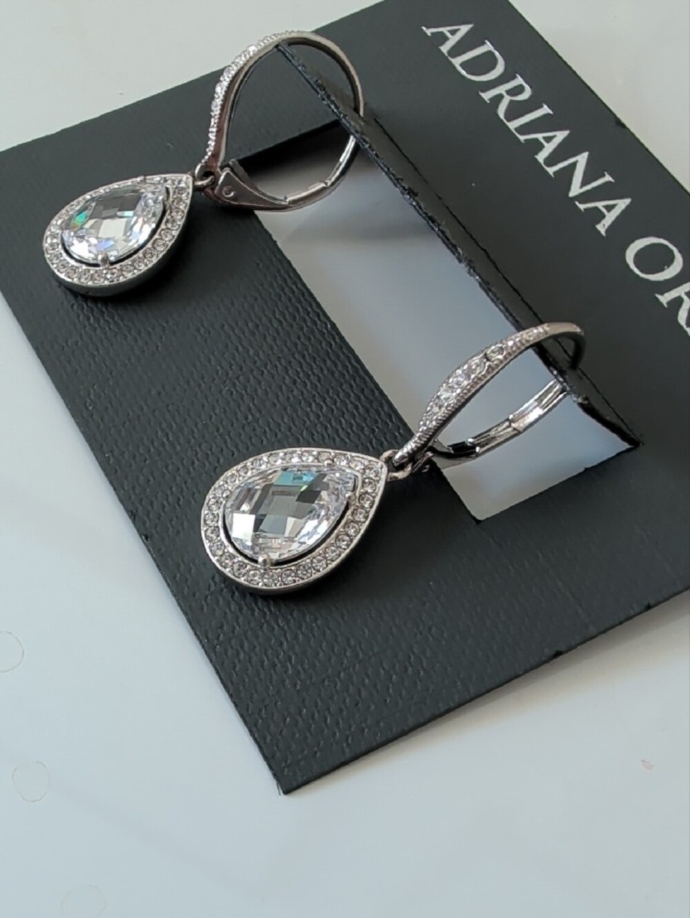 NWT Adriana Orsini Silver Teardrop Crystal Drop Earrings
